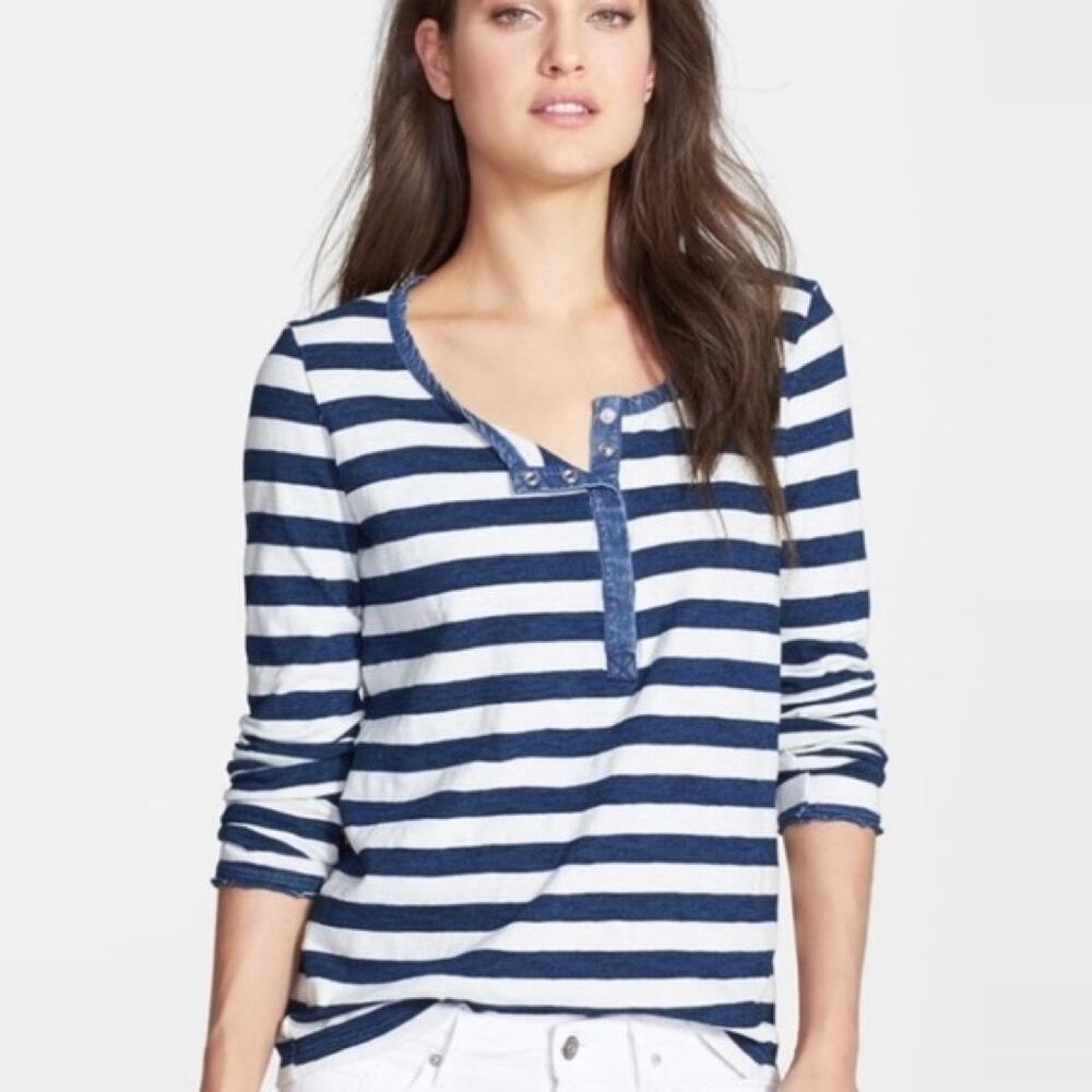 Splendid Chambray Denim Trim Indigo Striped Henley Tee Womens Small